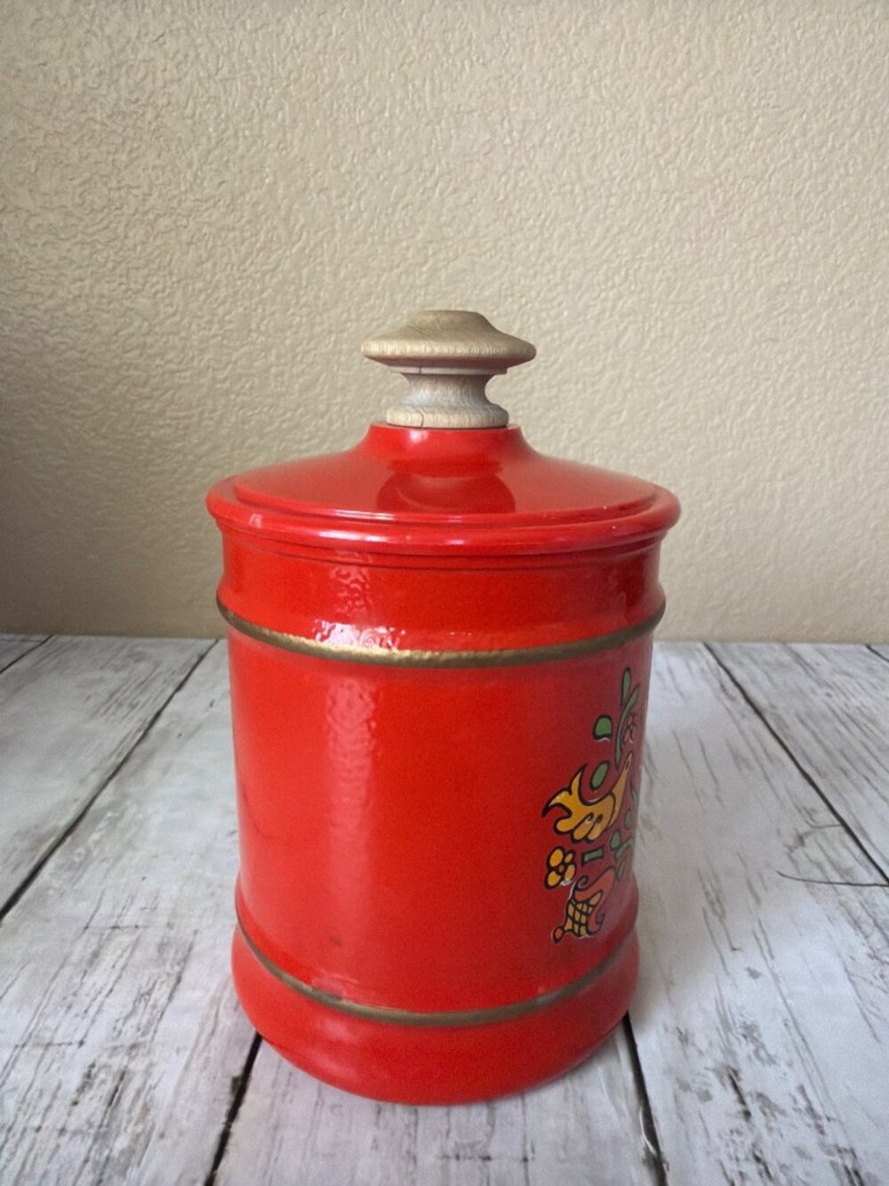 MCM Kromex Small Canister Red Birds Floral Enamel Metal K-679 USA - Replacement - Picture 4 of 11